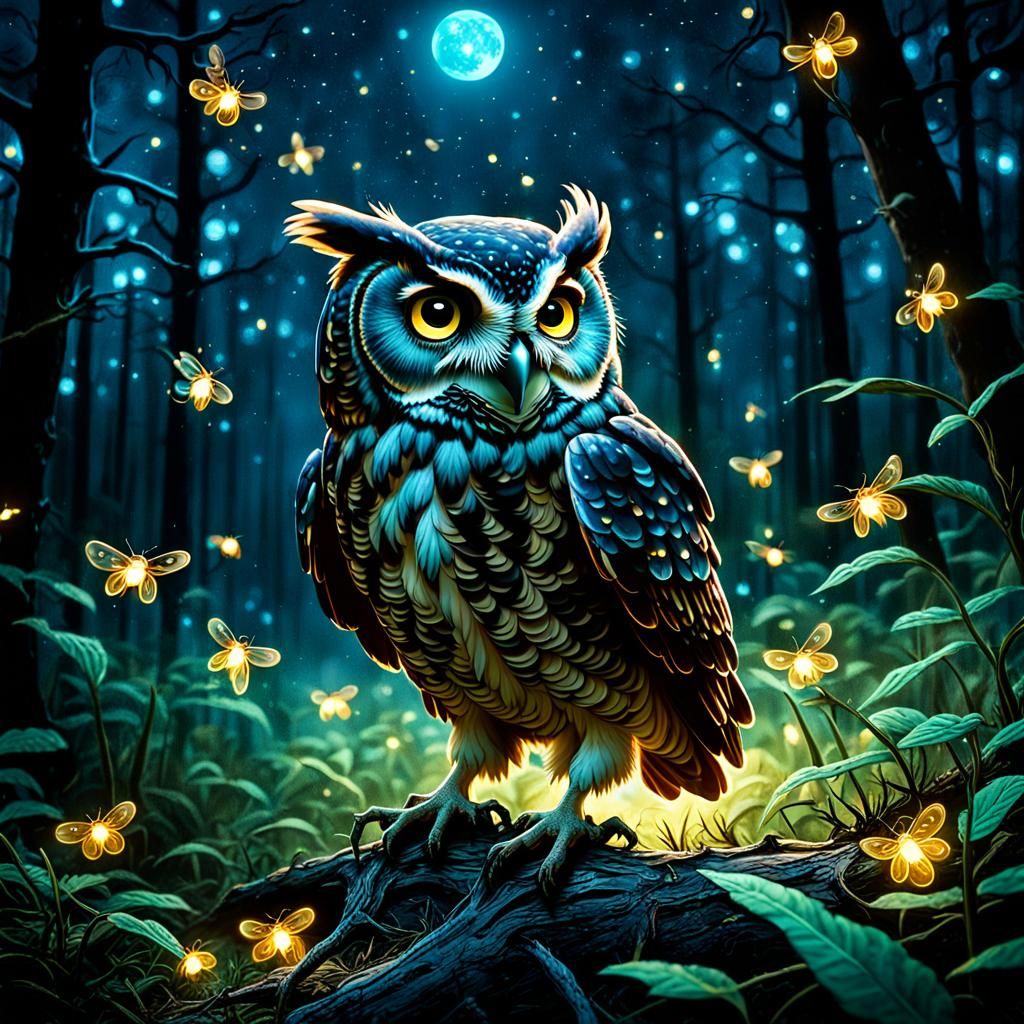 Bioluminescent Owl and Fireflies in Dramatic Lighting