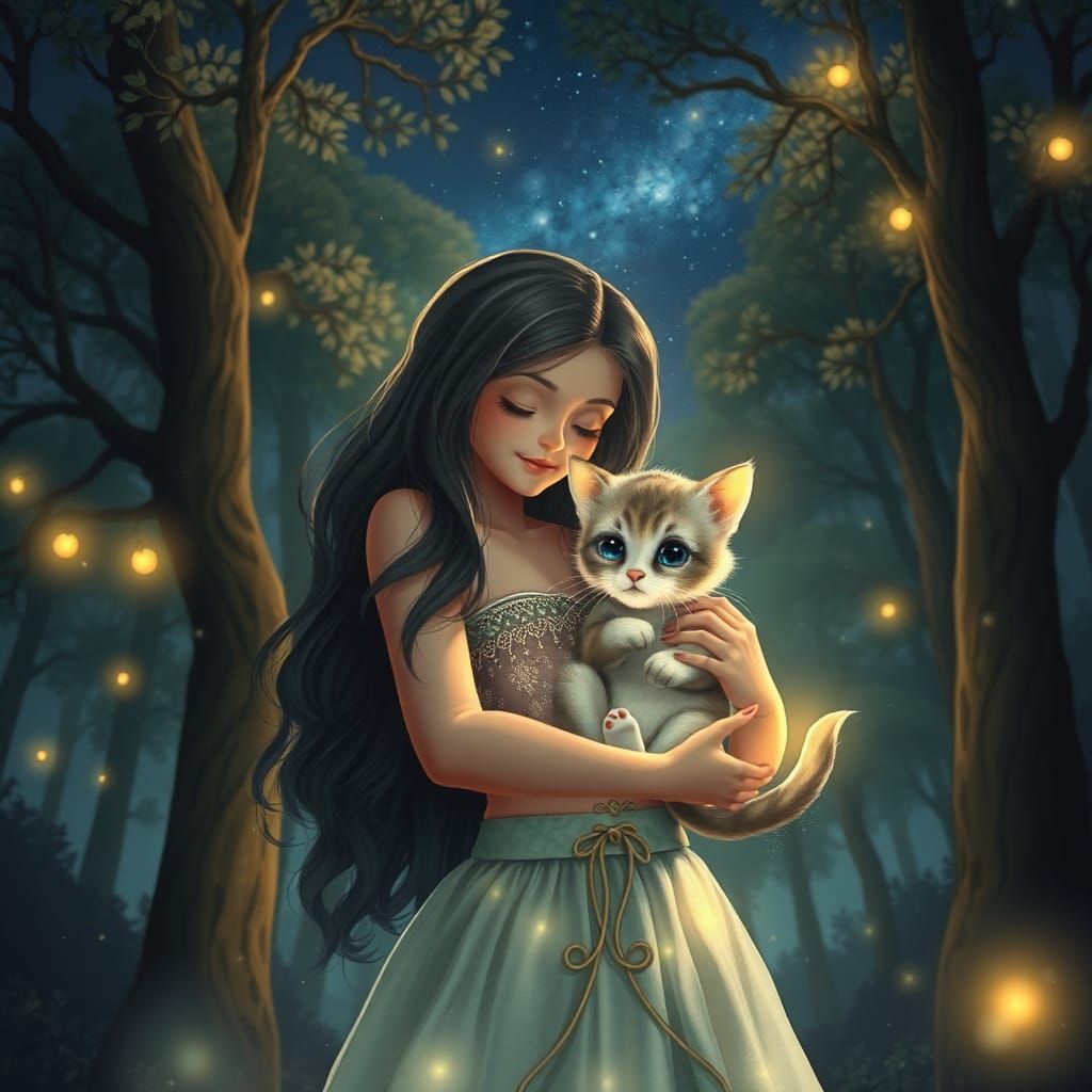 Girl and Kitten in Ethereal Night Forest