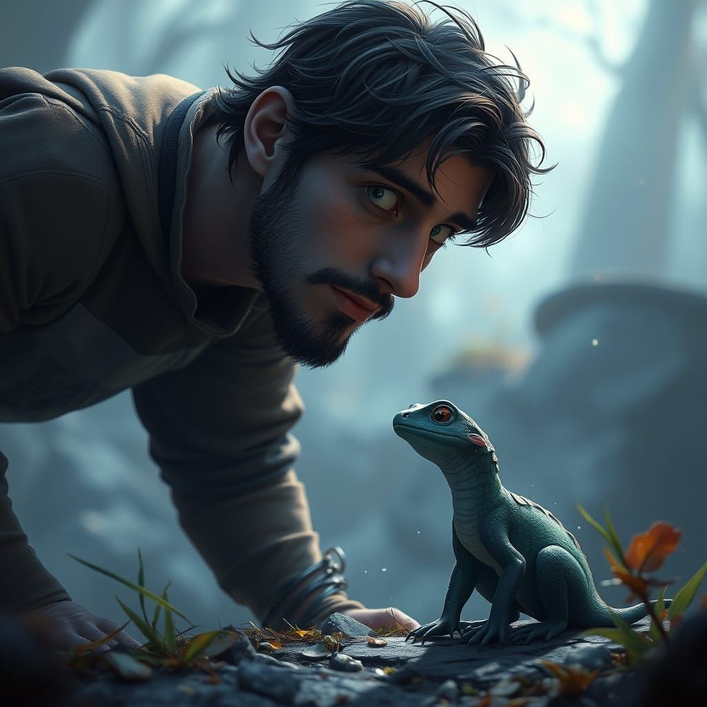 Man Discovers Tiny Newt on Ground, Fantasy Art
