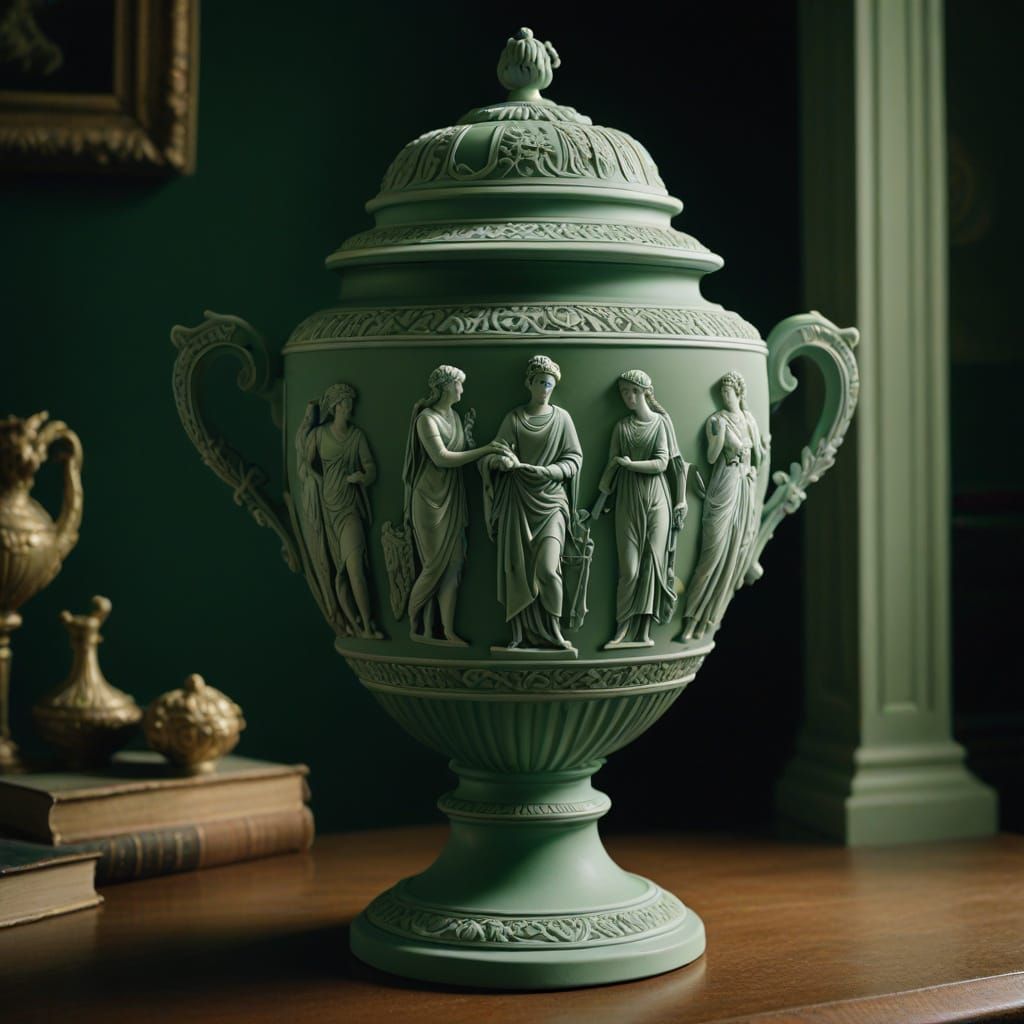 Classical Goddesses Adorn Sage Green Jasperware Urn in Cinem...