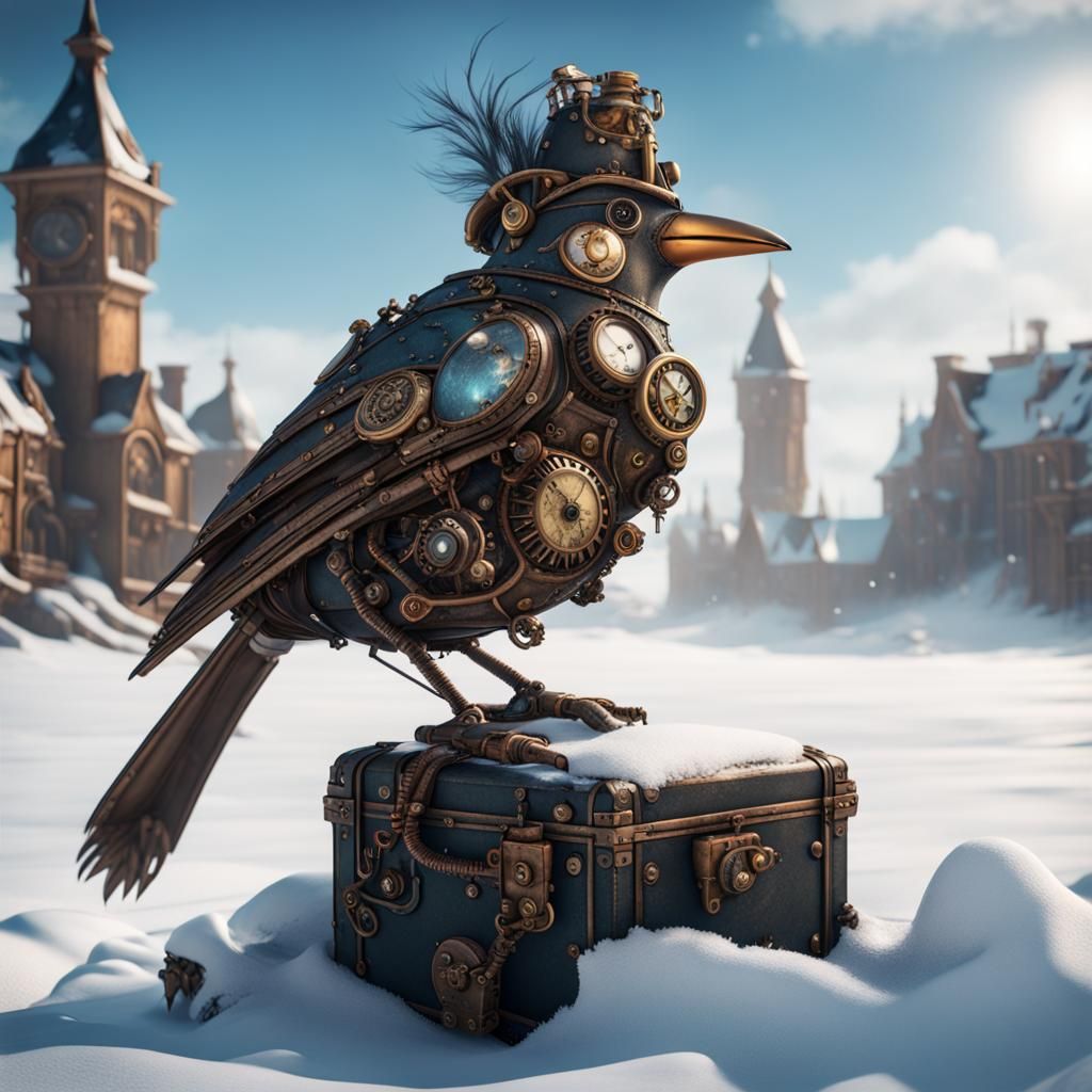 Steampunk Bird in Snow, Detailed Digital Painting