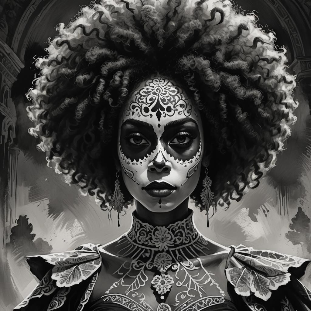 Monochrome Catrina Portrait in Gregory Manchess Style