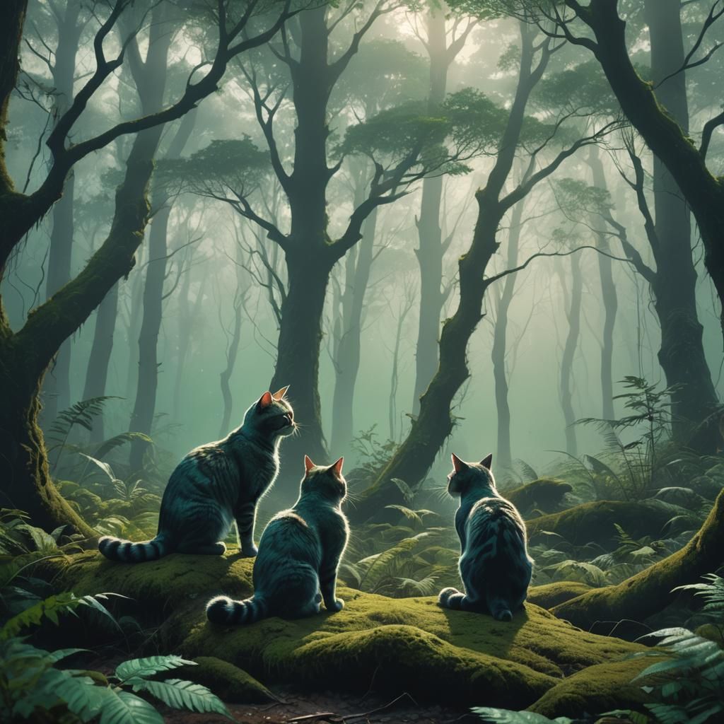 Mystical Cats Touching Noses in Misty Forest