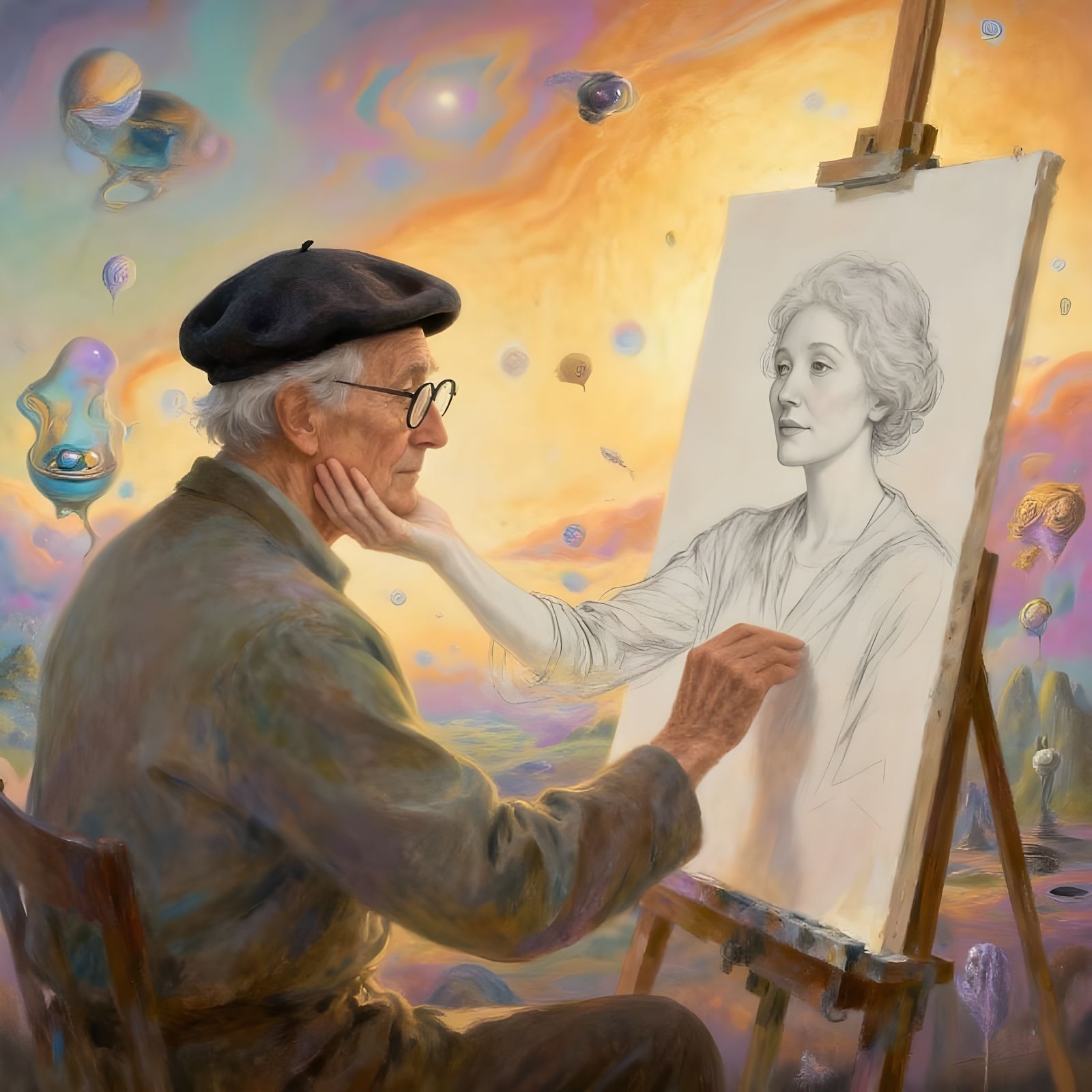 Elderly Artist Sketches Woman Whose Hand Emerges from Paper