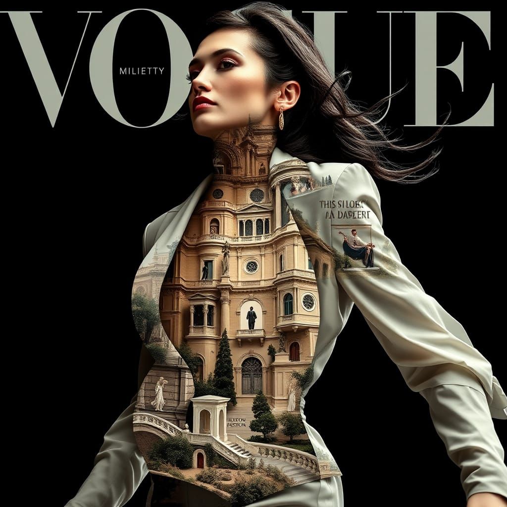 A hyperrealistic and ultra-realistic high fashion 'VOGUE' cover featuring a beautiful, graceful top model in a luxurious...