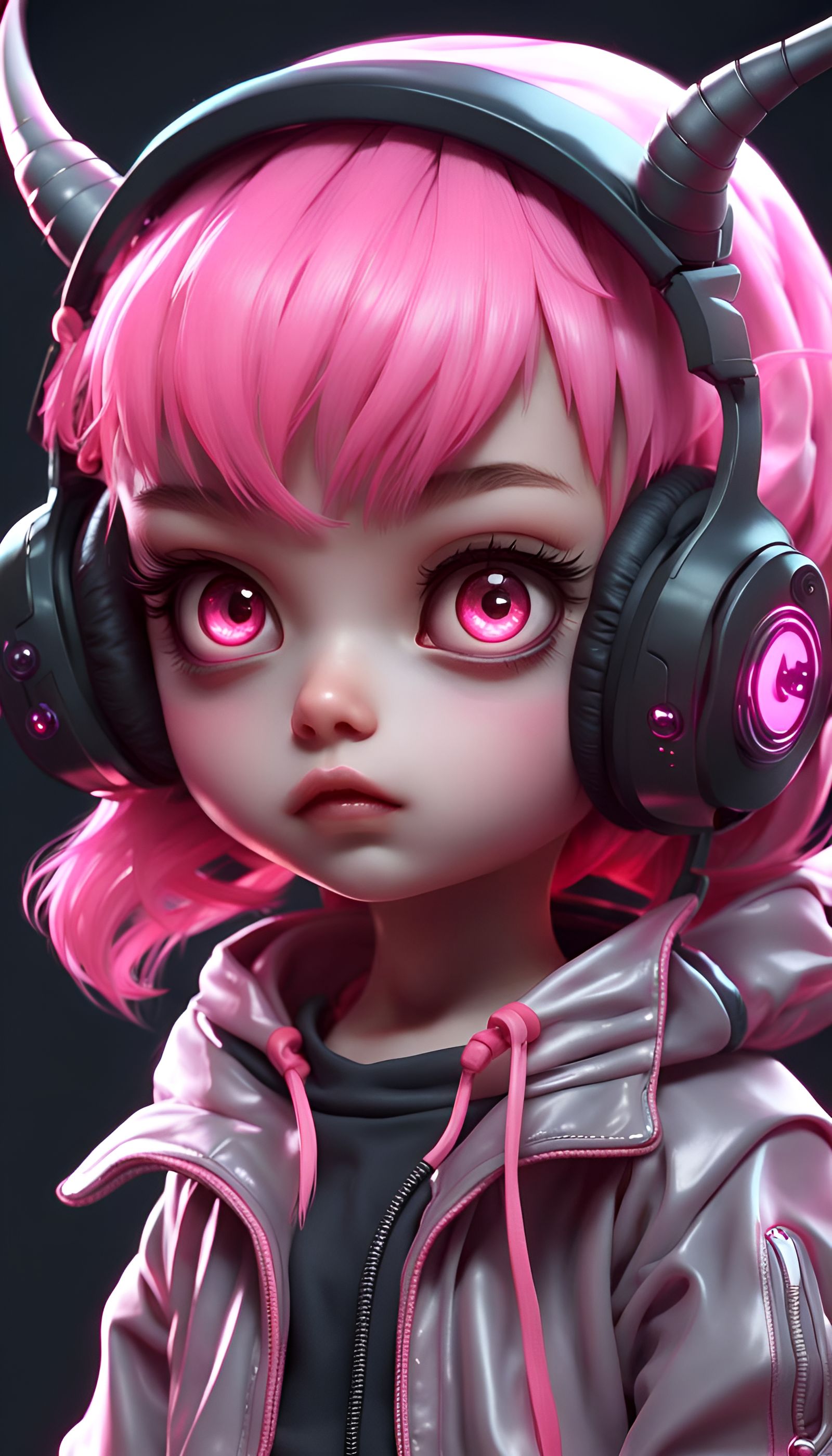 Cyberpunk Chibi Demon Girl with Pink Eyes