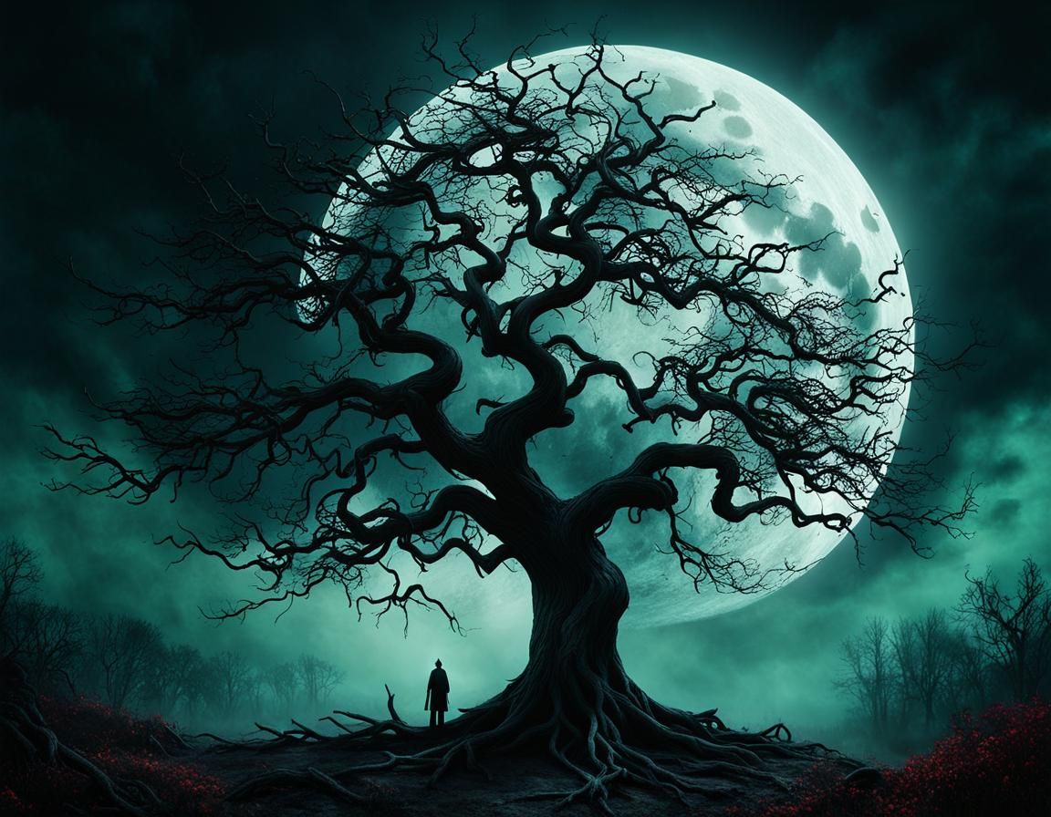 Eerie Moon Over Foggy Landscape in Gothic Horror Style