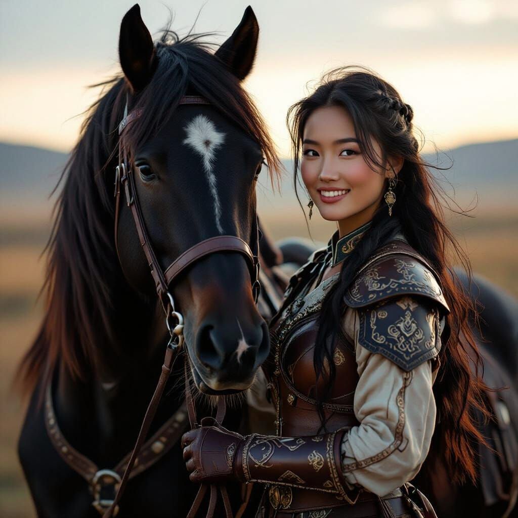 Mongolian Woman with War Horse in Soft Light