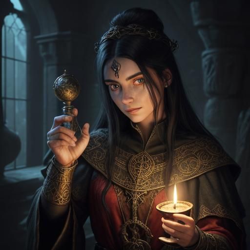Young Medieval Witch Mixing Potion by Candlelight
