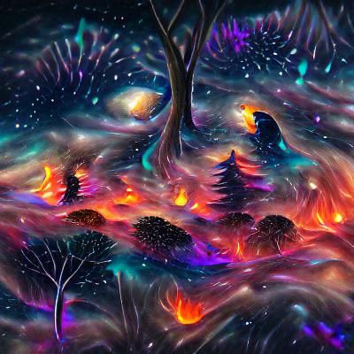 Cosmic Night Sky Fire Forest in Holographic Illustration