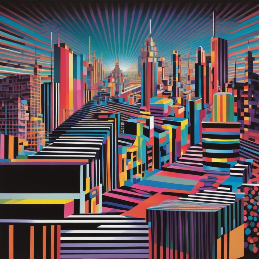Op Art Cityscape: Futuristic Neon Illusions