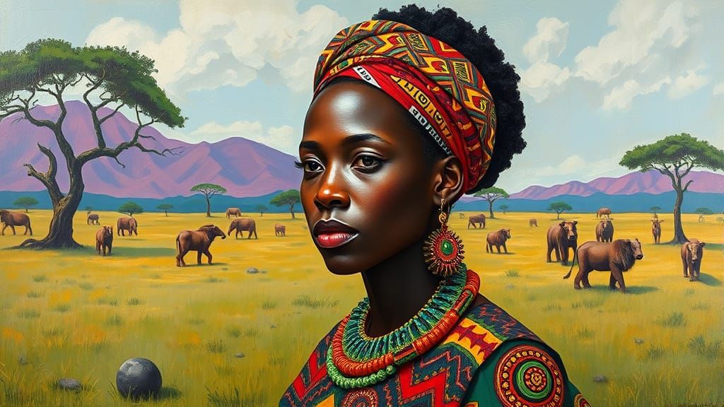 African Princess in Savannah, Contemporary Painting