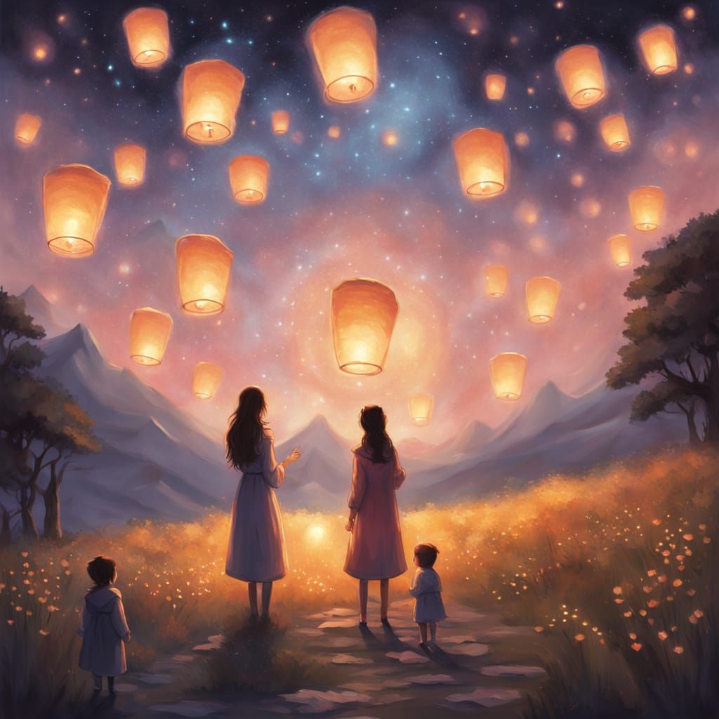 Family Lanterns in Ethereal Fantasy Landscape