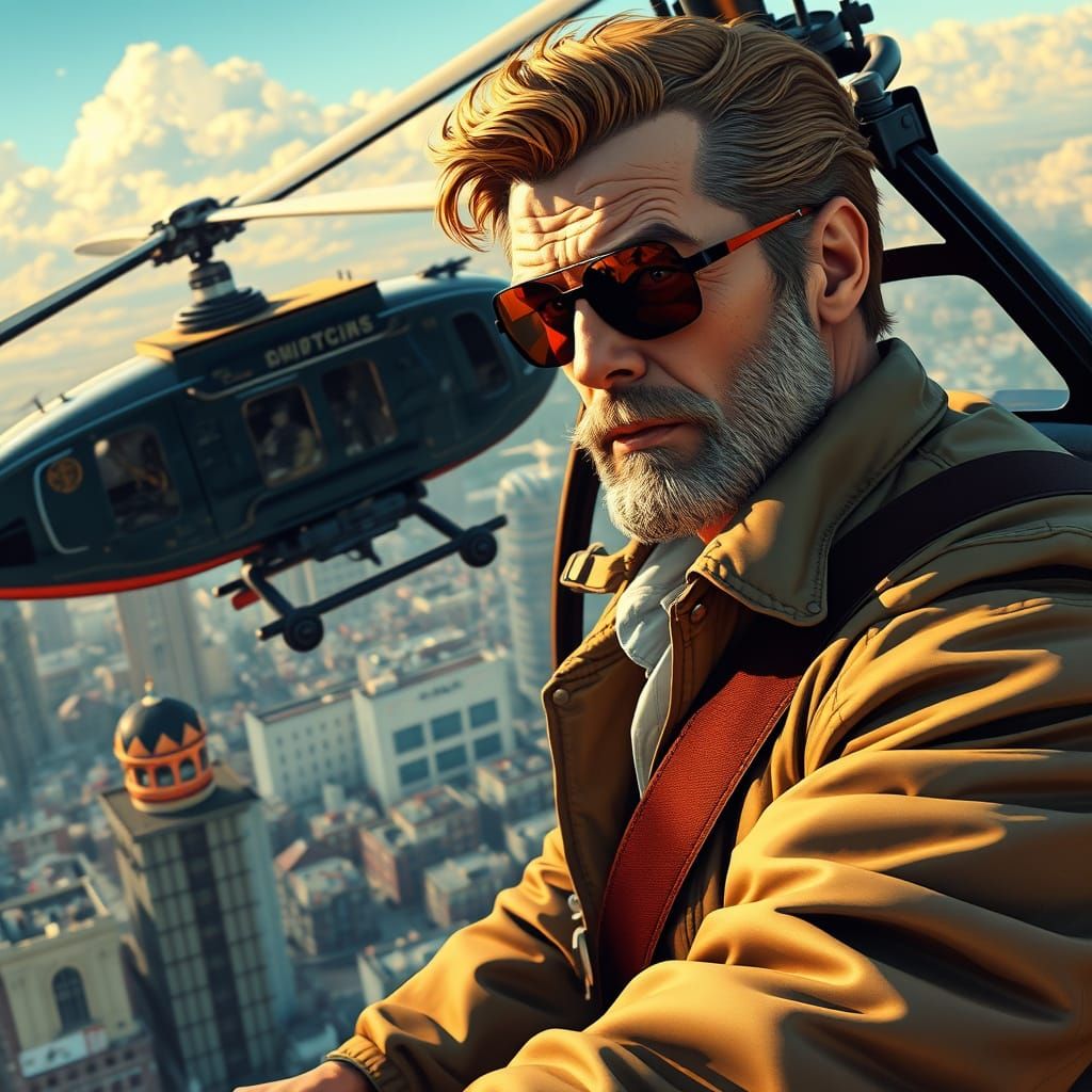 Doc Savage in Dieselpunk Autogyro Over Art Deco City