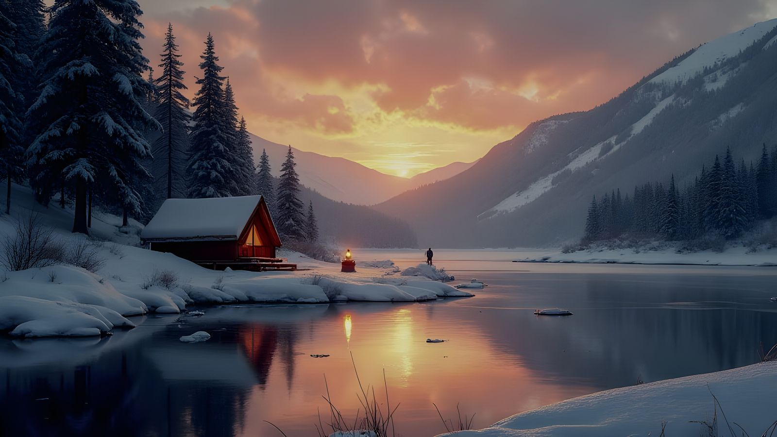 Snowy Lakeside Sunset Scene with Campsite