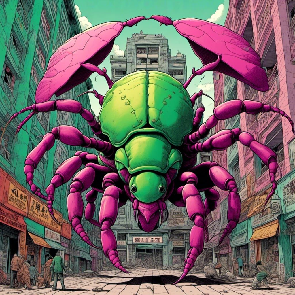 Giant <lora:A face:1.0> Kaiju hercules beetle <lora:A face:1.0>  tying to fly destroys several building's warm colors (g...