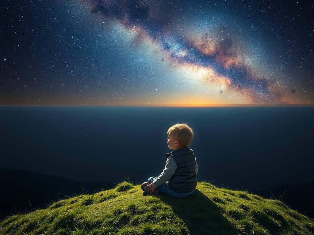 Boy Contemplates Starry Night Sky Panorama