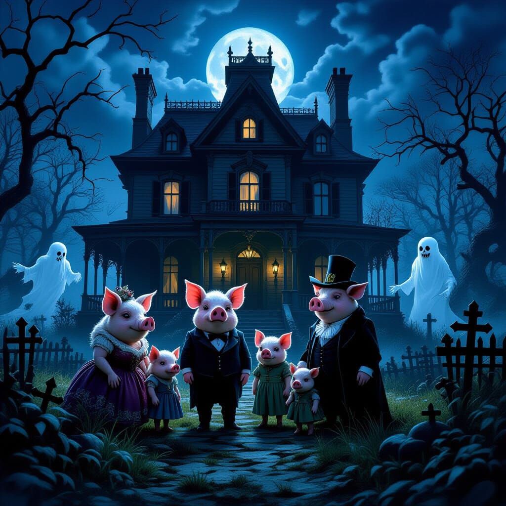 Haunted Victorian Mansion with Eerie Figures at Midnight