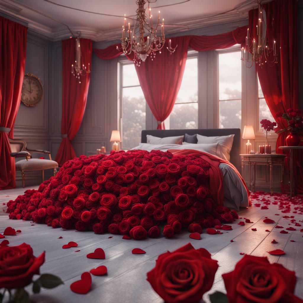 Hyperrealistic Valentine's Day Red Roses Bedroom