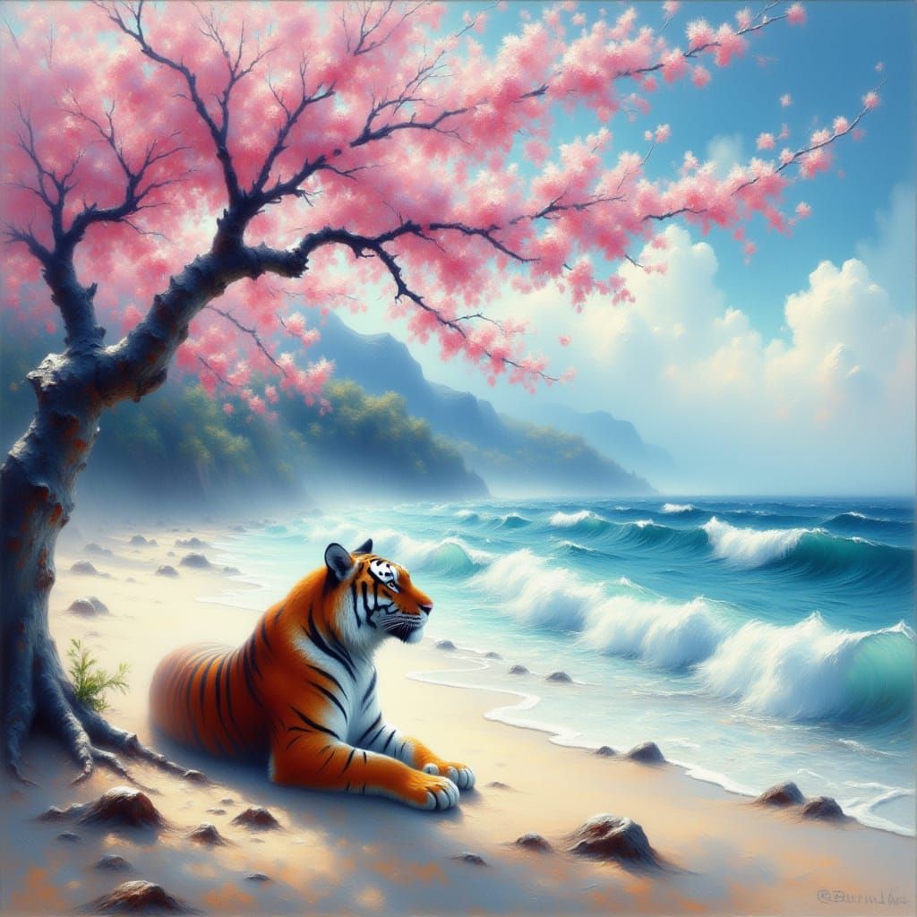Tiger on a Serene Beach in Impressionist Style