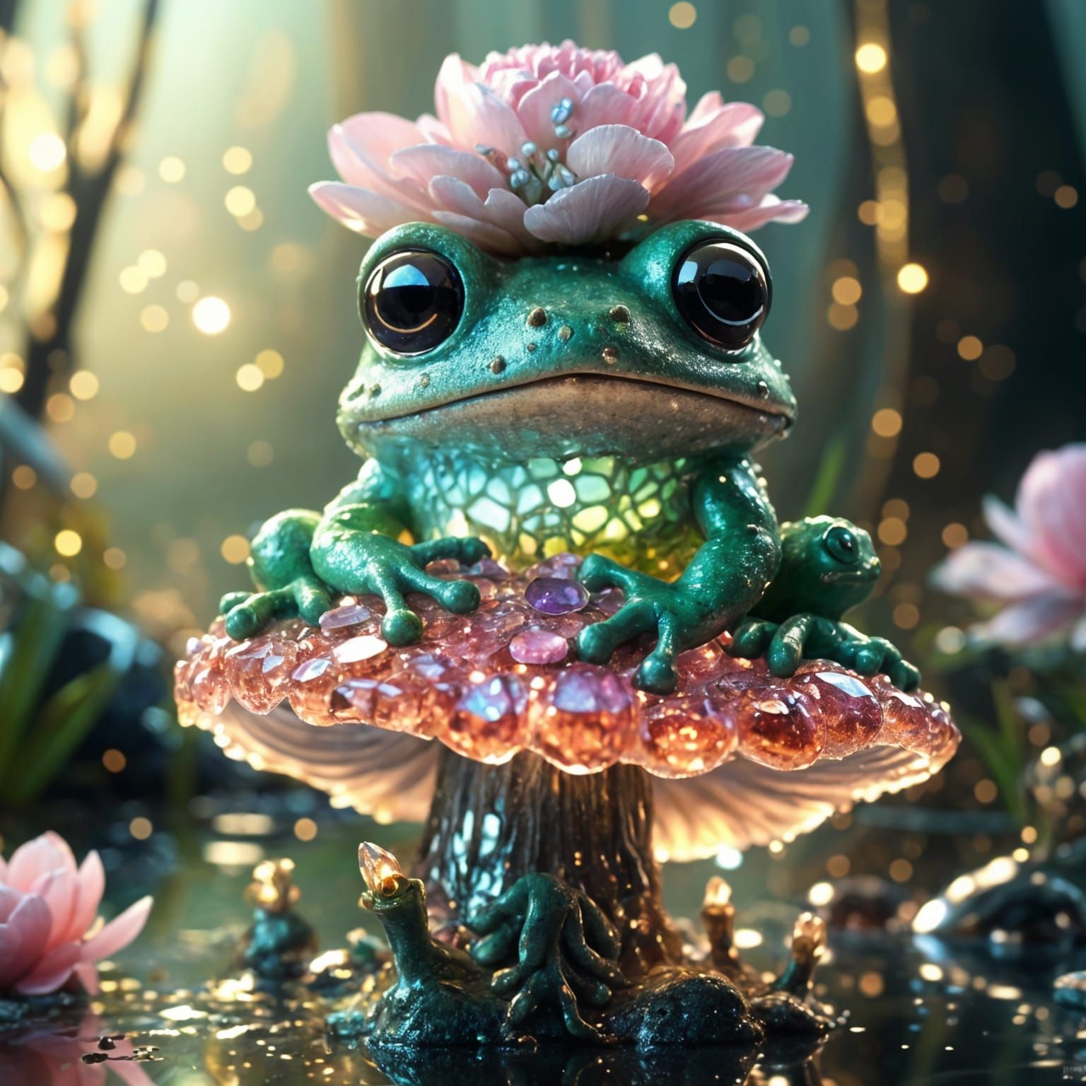 Frog on Crystal Mushroom with Peony