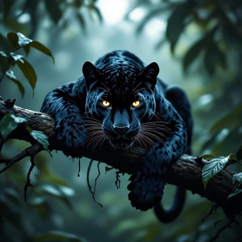 Camouflaged Black Panther with Glowing Eyes, Photorealistic