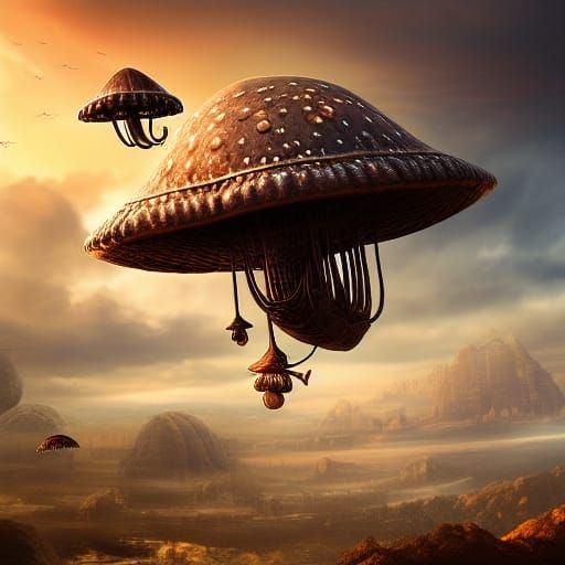 Steampunk Mushroom Airship in Sunset Sky