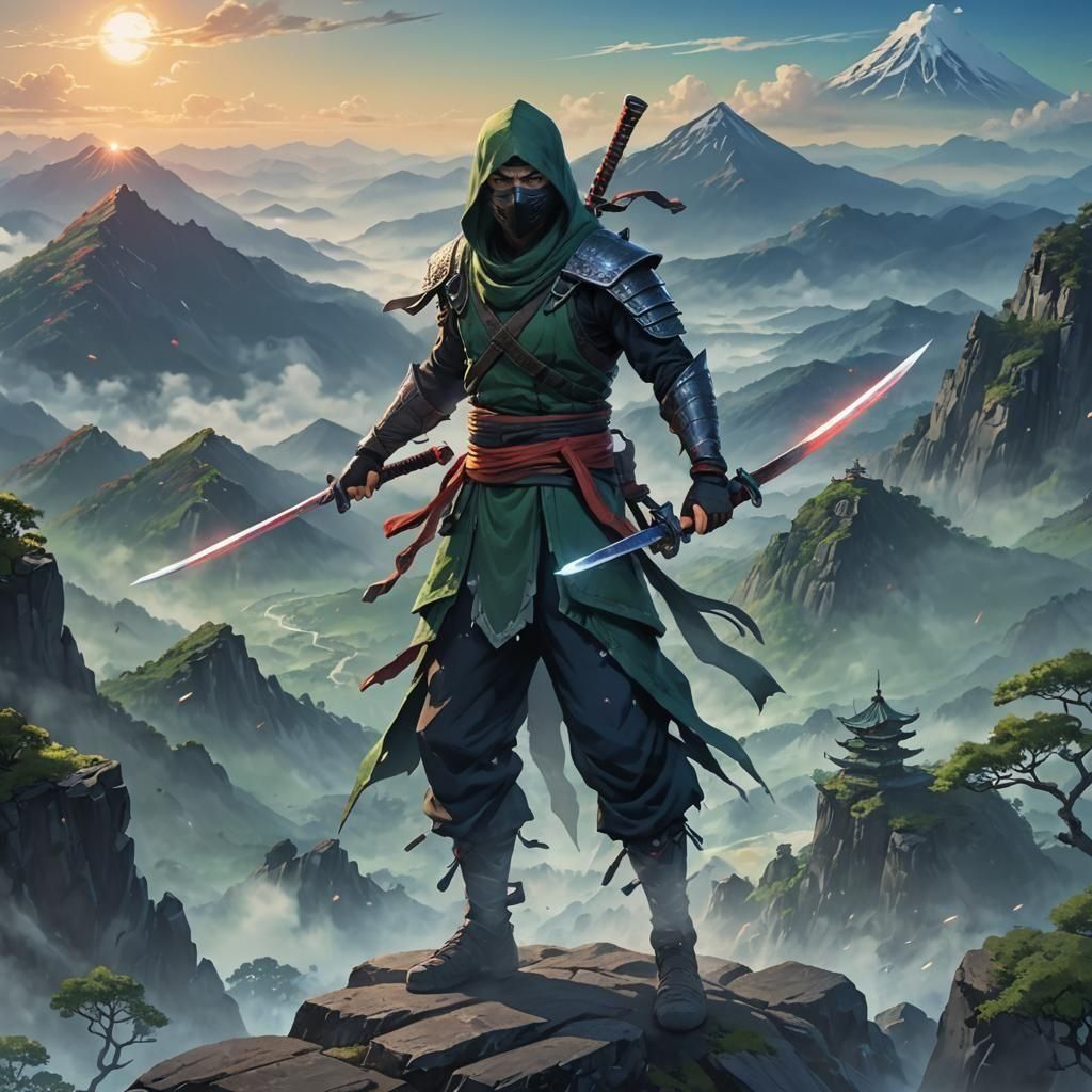 Anime Ninja Warrior on Misty Mountain Peak