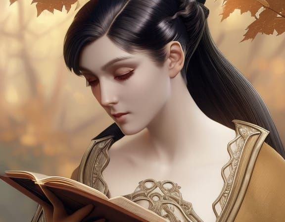 Victorian Scholar Reading in Autumn, Detailed Digital Art