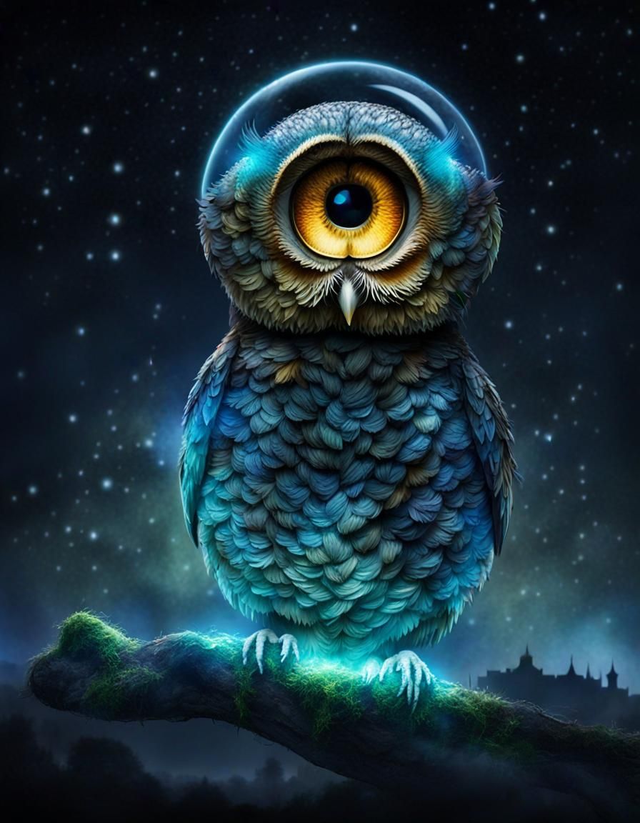 Cosmic Baby Owl in Psychedelic Comic Art Style