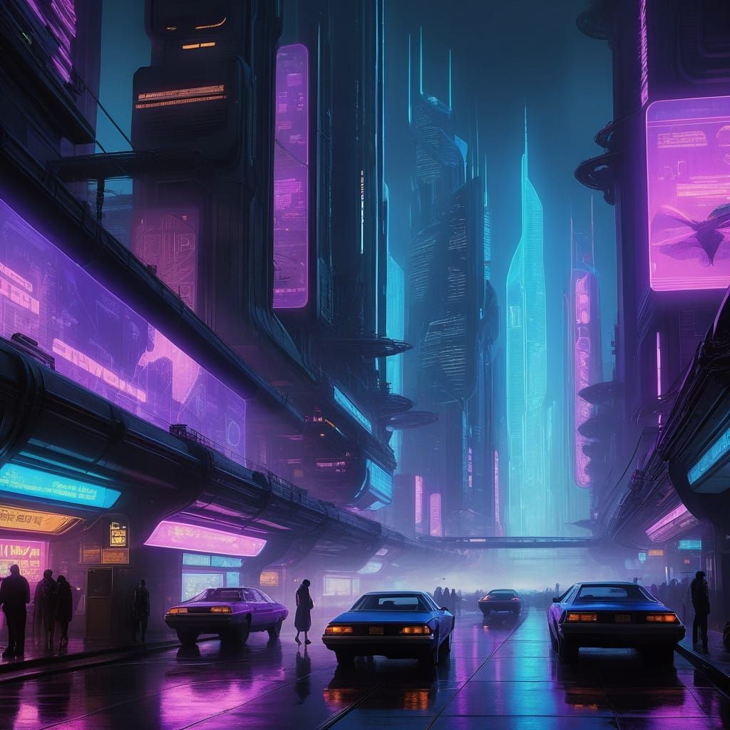 Futuristic Cityscape with Neon Lights in Cyberpunk Style