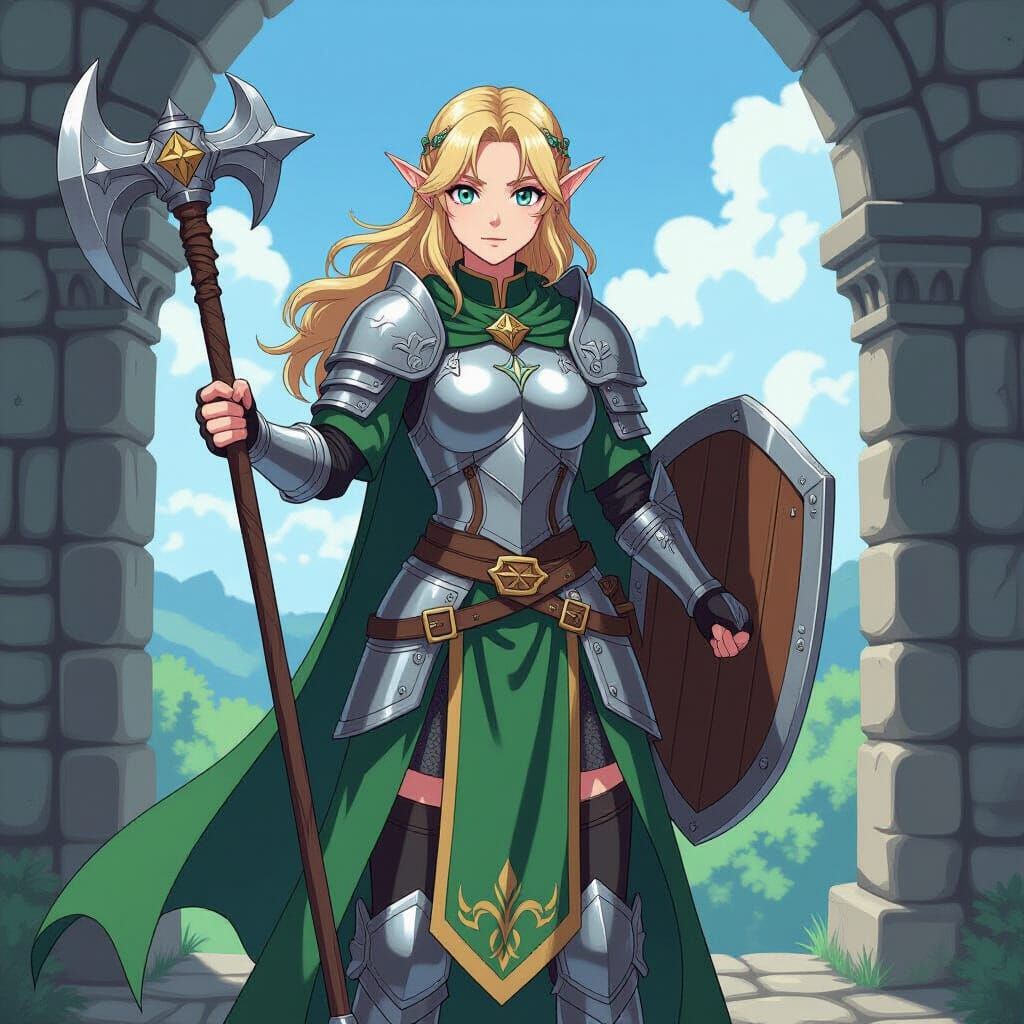Elf Cleric Warrior in Watchtower with Flail and Shield