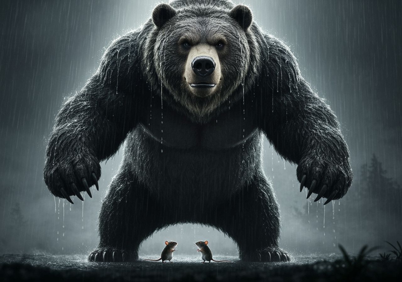 War Bear Shelters Mice from Rain in Cinematic Style