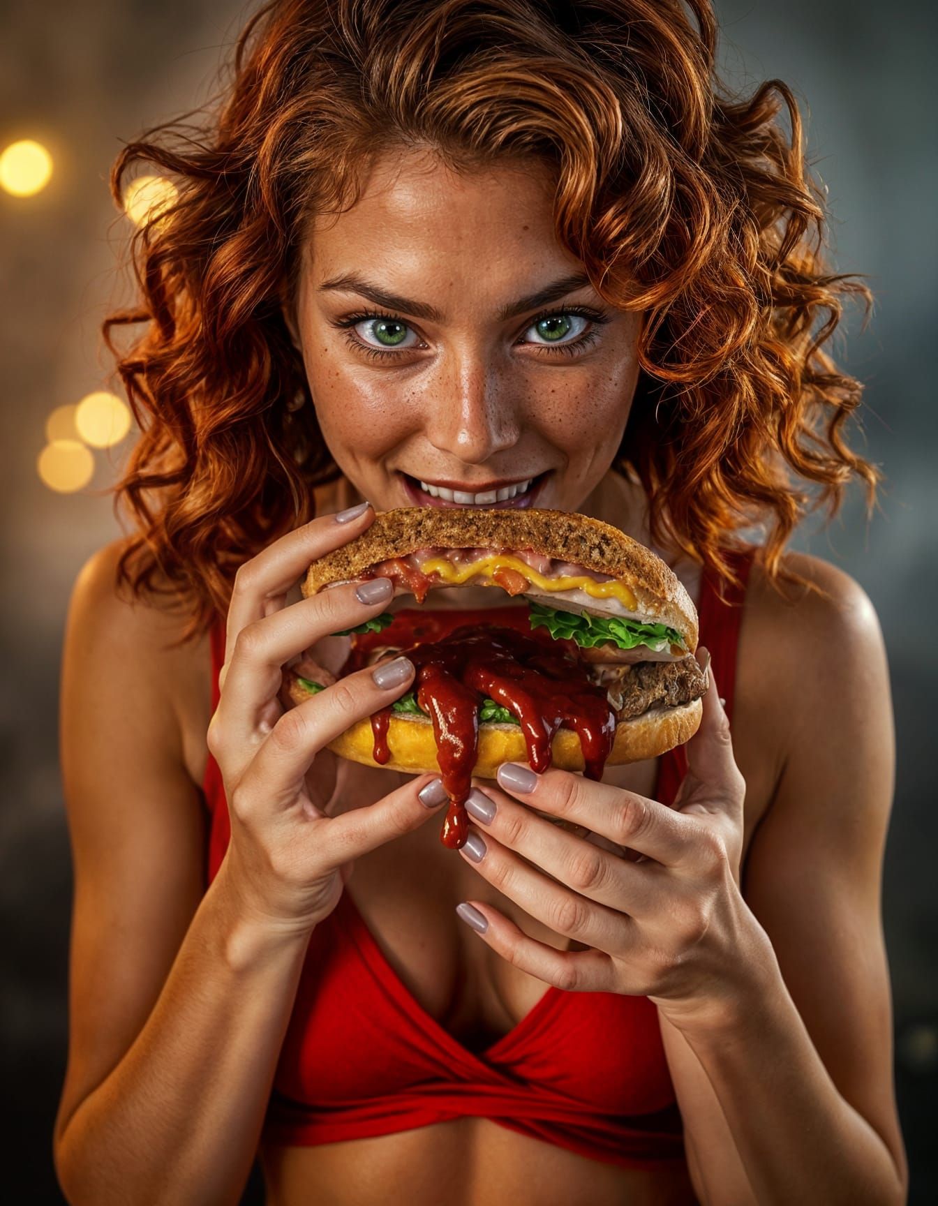 Sultry Redhead Devours Juicy Sandwich in Dramatic High-Fashi...