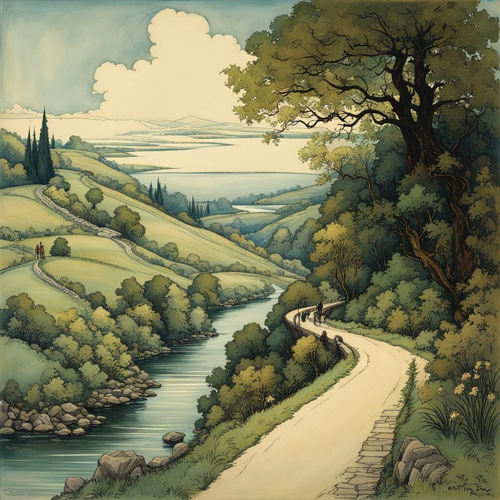 Fairytale Riverside Landscape in Arthur Rackham Style