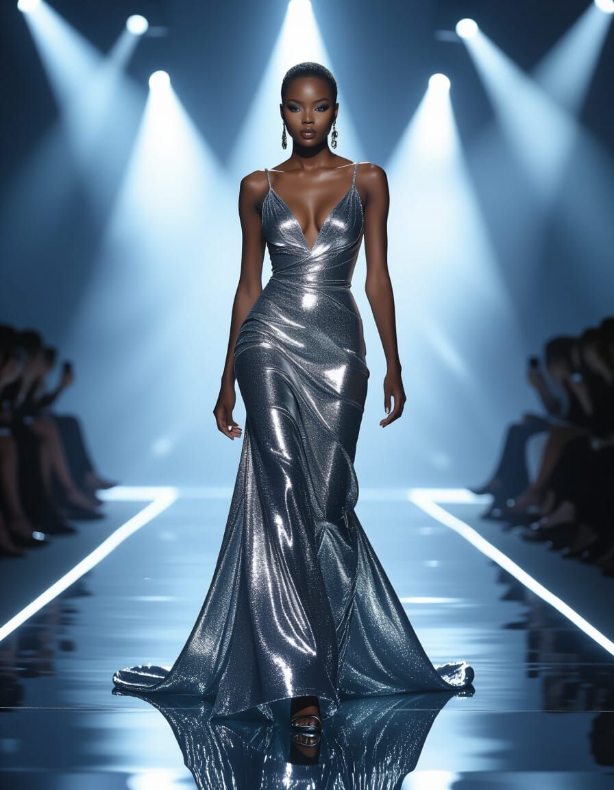 African Model in Liquid Silver Couture on Futuristic Runway