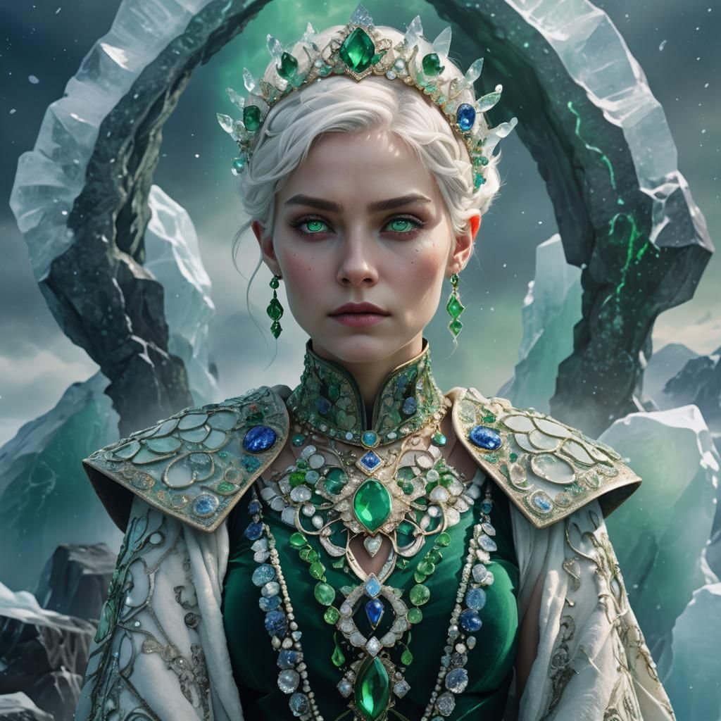 Icy Creature Portrait in Emerald and Sapphire Hues