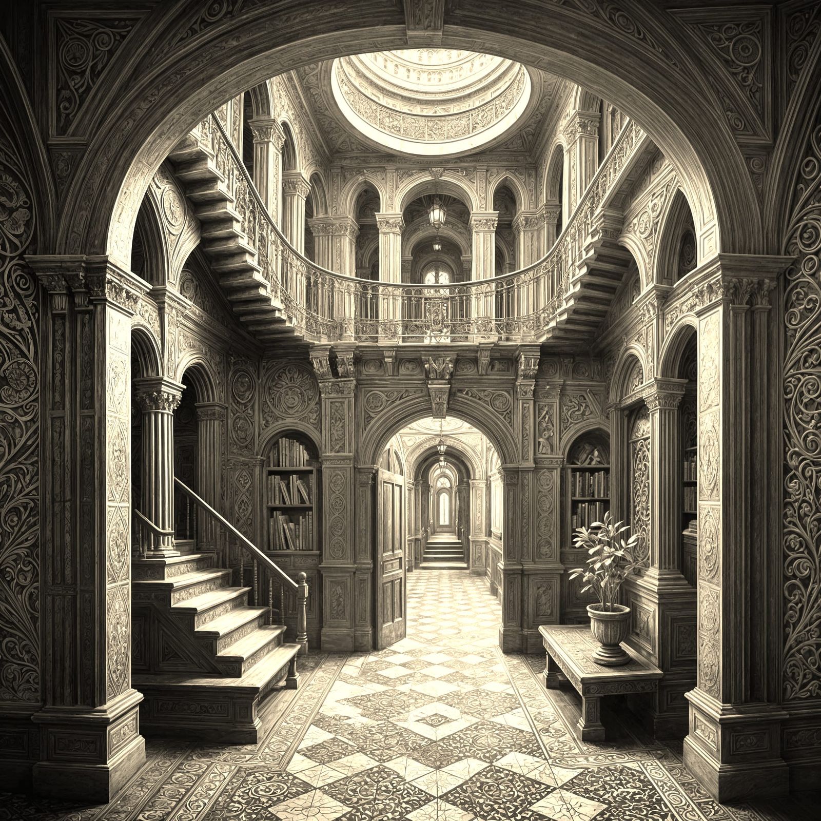 Escher-Inspired Monochrome Mansion in Hyperrealist Detail
