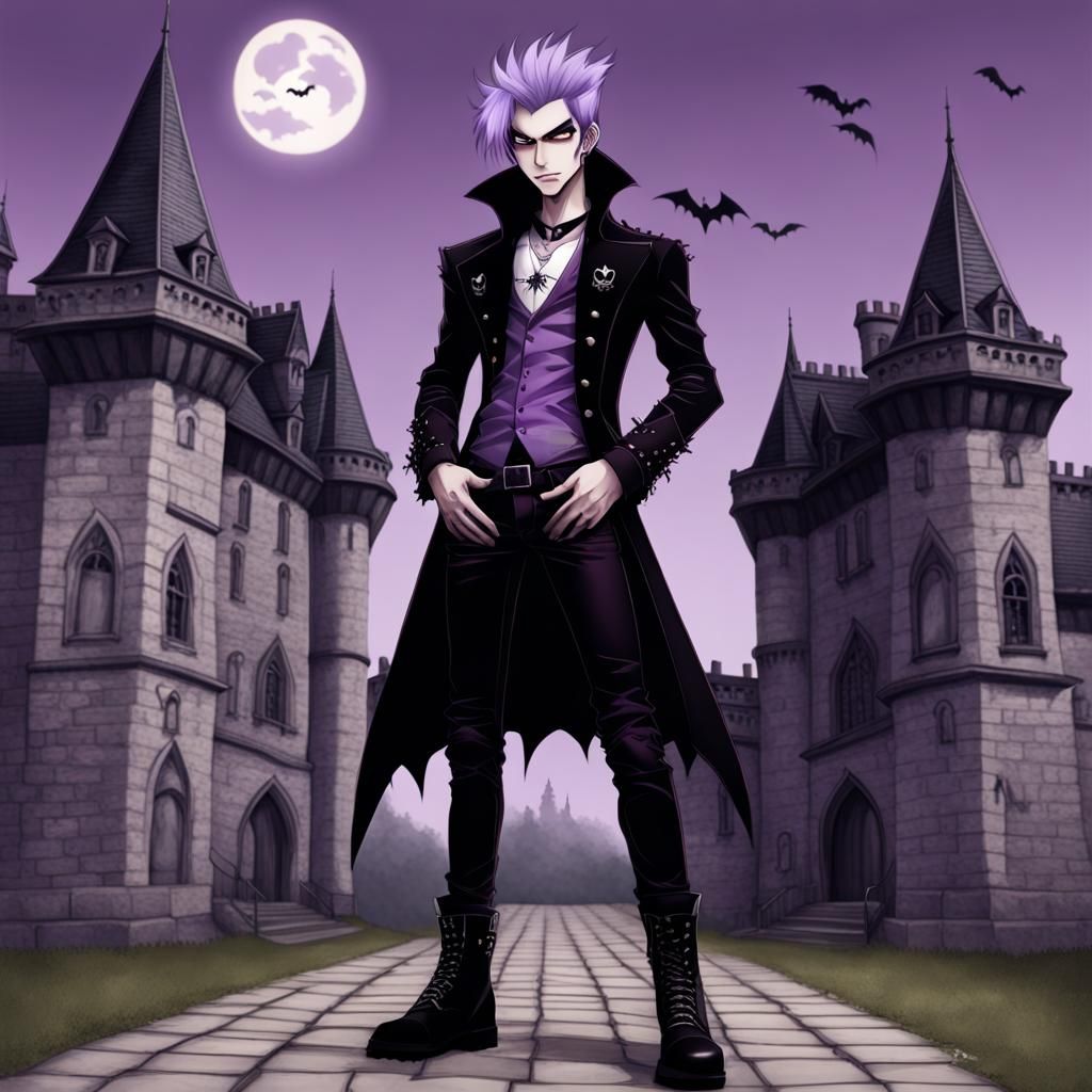 lilac  halloween anime punk goth guy vampire prince full body outside vampire castle