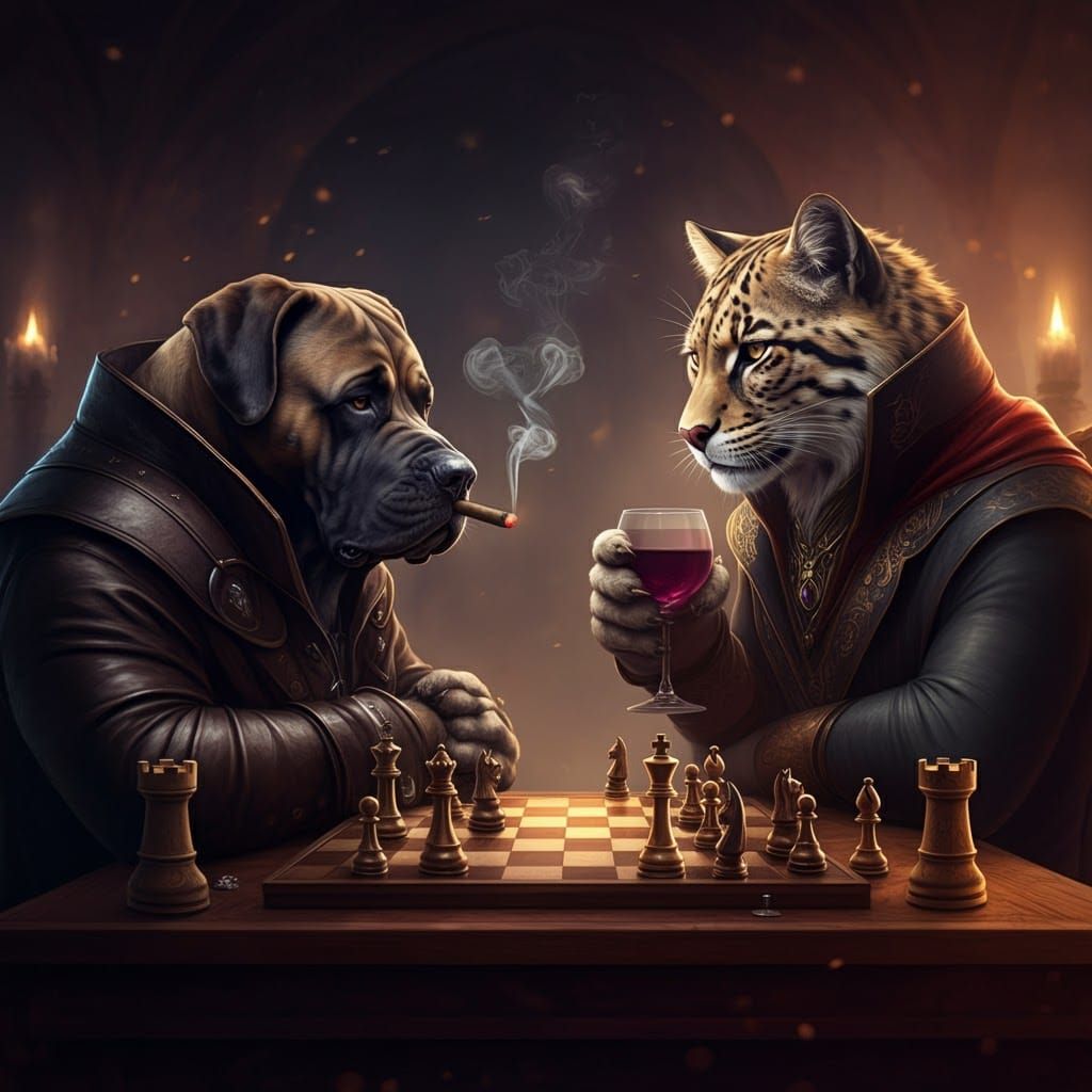 Chess Game: Boerboel and Wild Cat in Dark Tavern