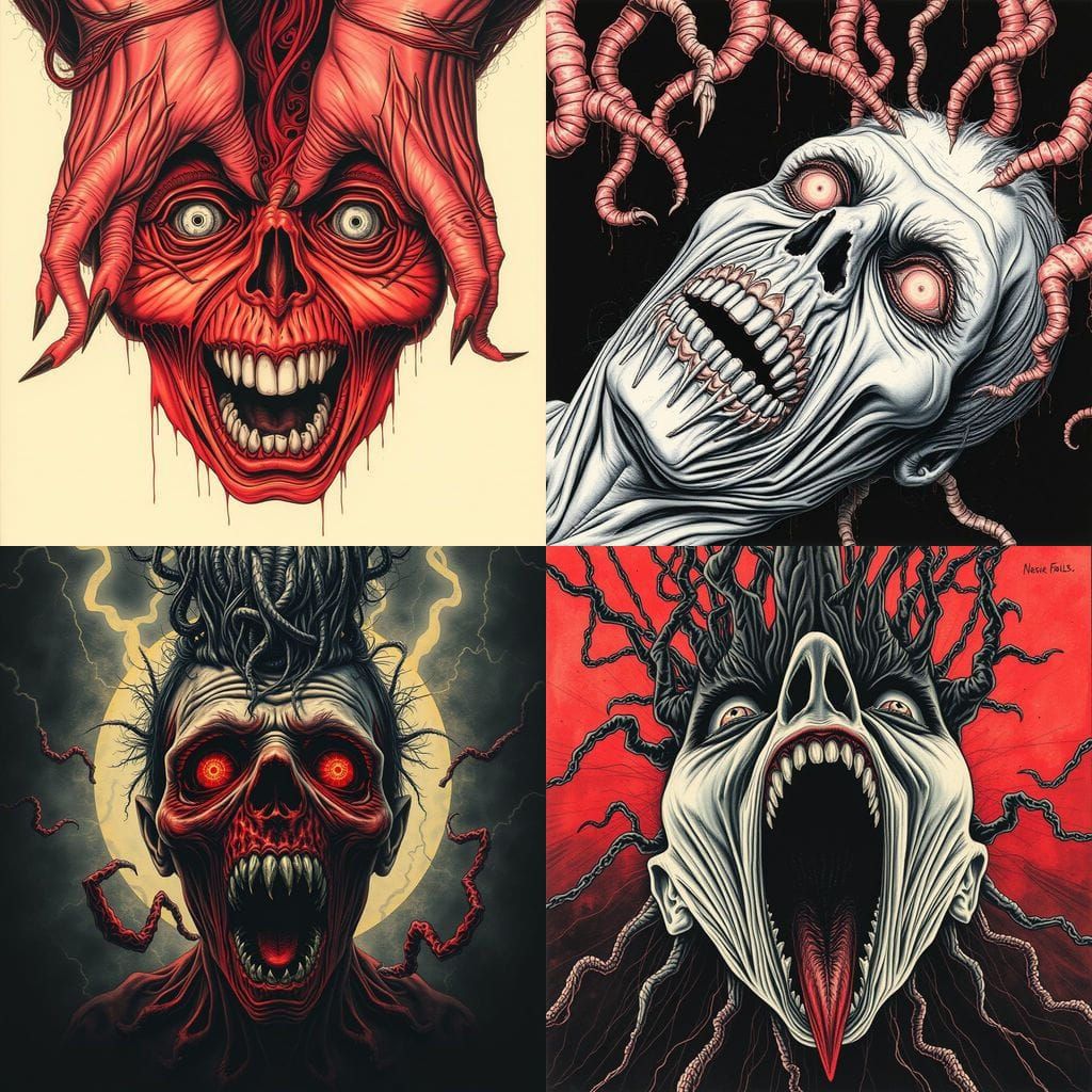 Nightmarish Monochromatic Horror Face in Psychedelic Mixed M...