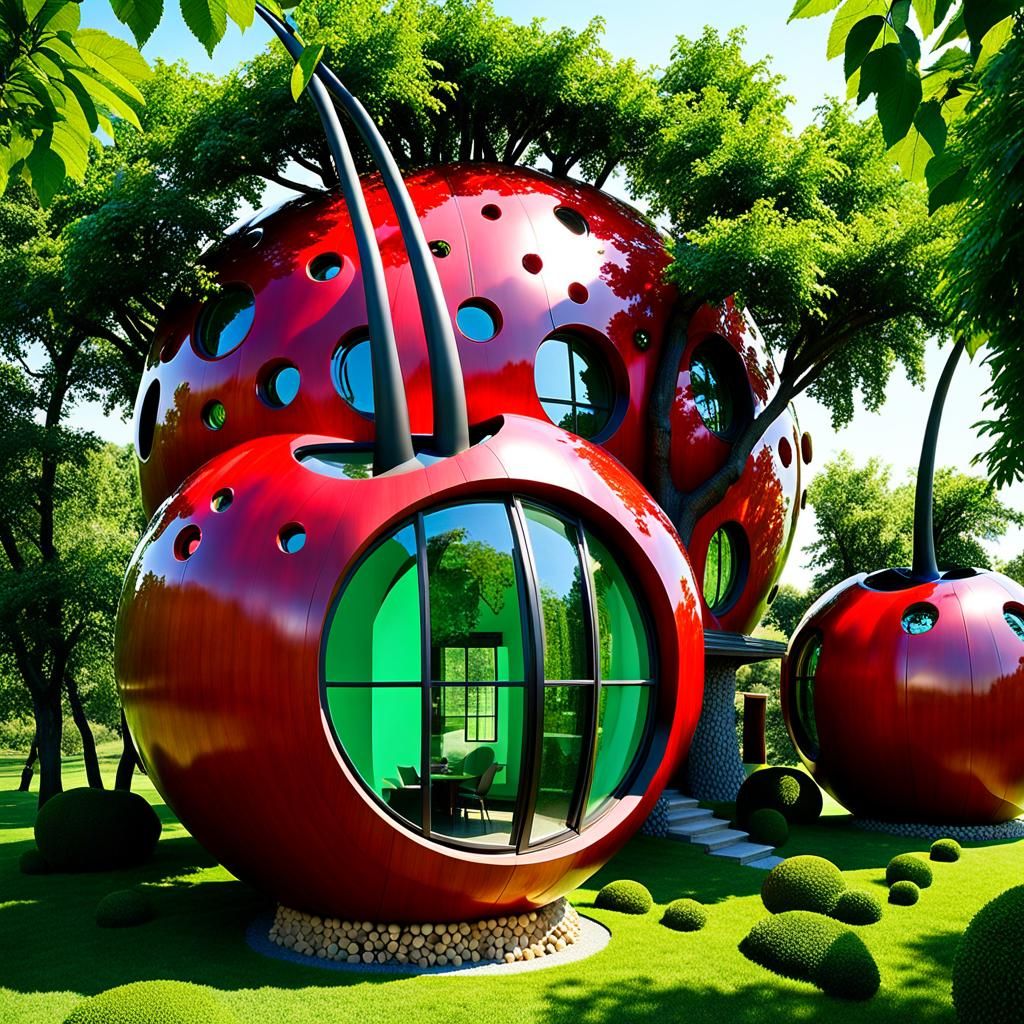 Whimsical Cherry House in Sunny Garden Setting