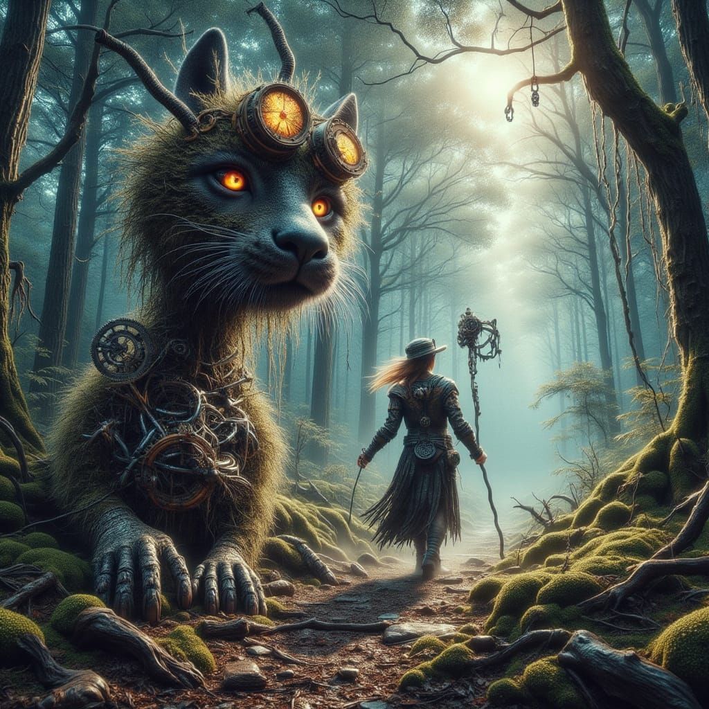 Steampunk Druid in Forest, Alcohol Ink Art