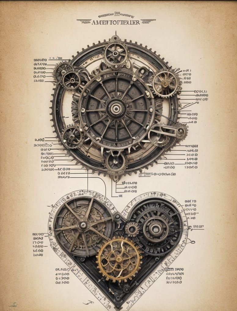 Steampunk Mechanical Heart Blueprint Diagram