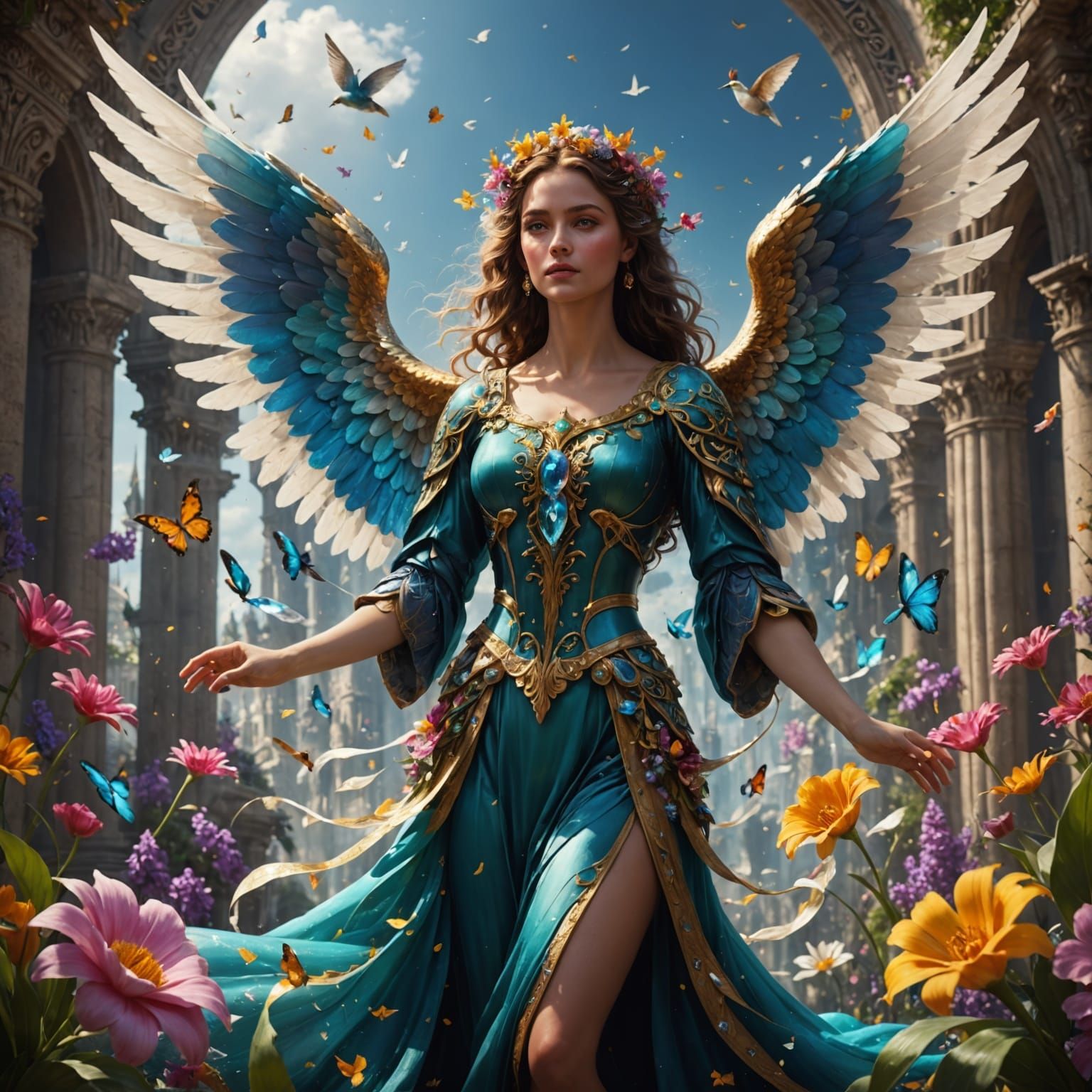 Spectral Angel in Crystal Dome with Vibrant Floral Mantle