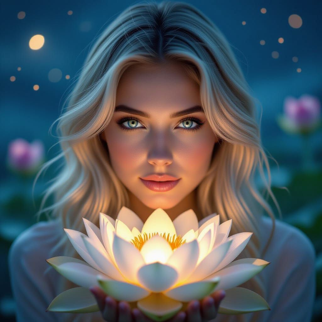 Luminous Woman Gazing at Lotus Flower in Surreal Style