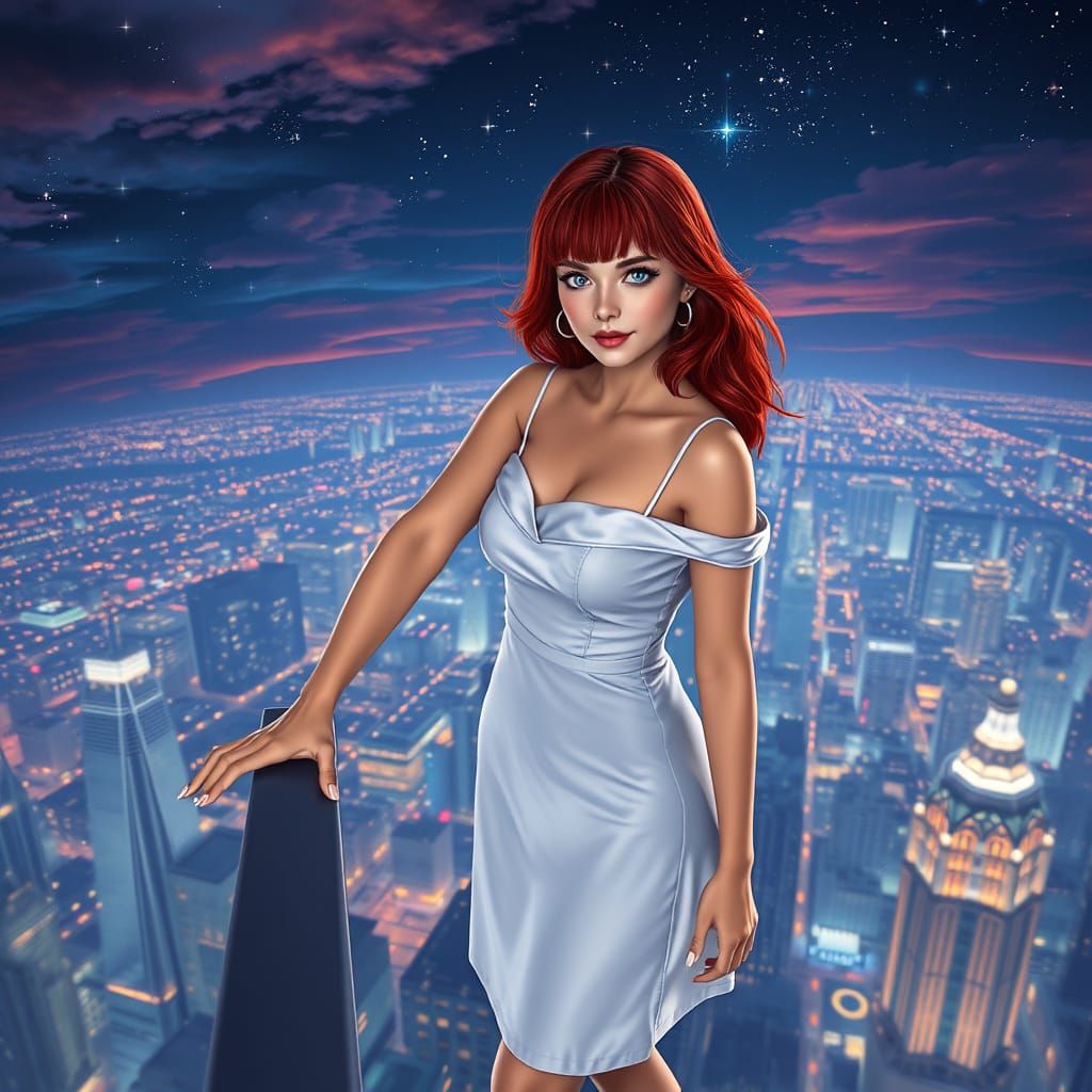 Ethereal Woman Stands on Rooftop Skyscraper at Night
