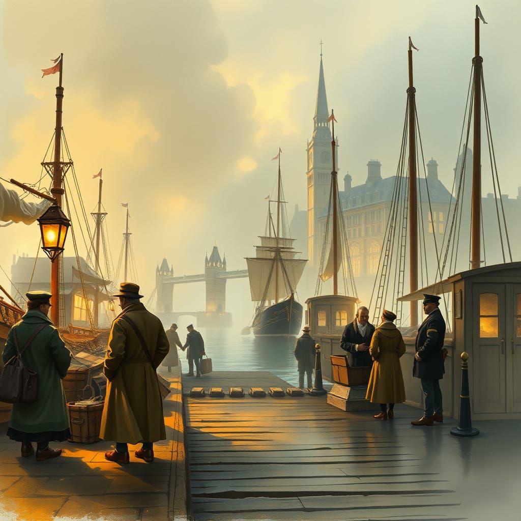 Victorian London Dock Scene in Watercolor Style