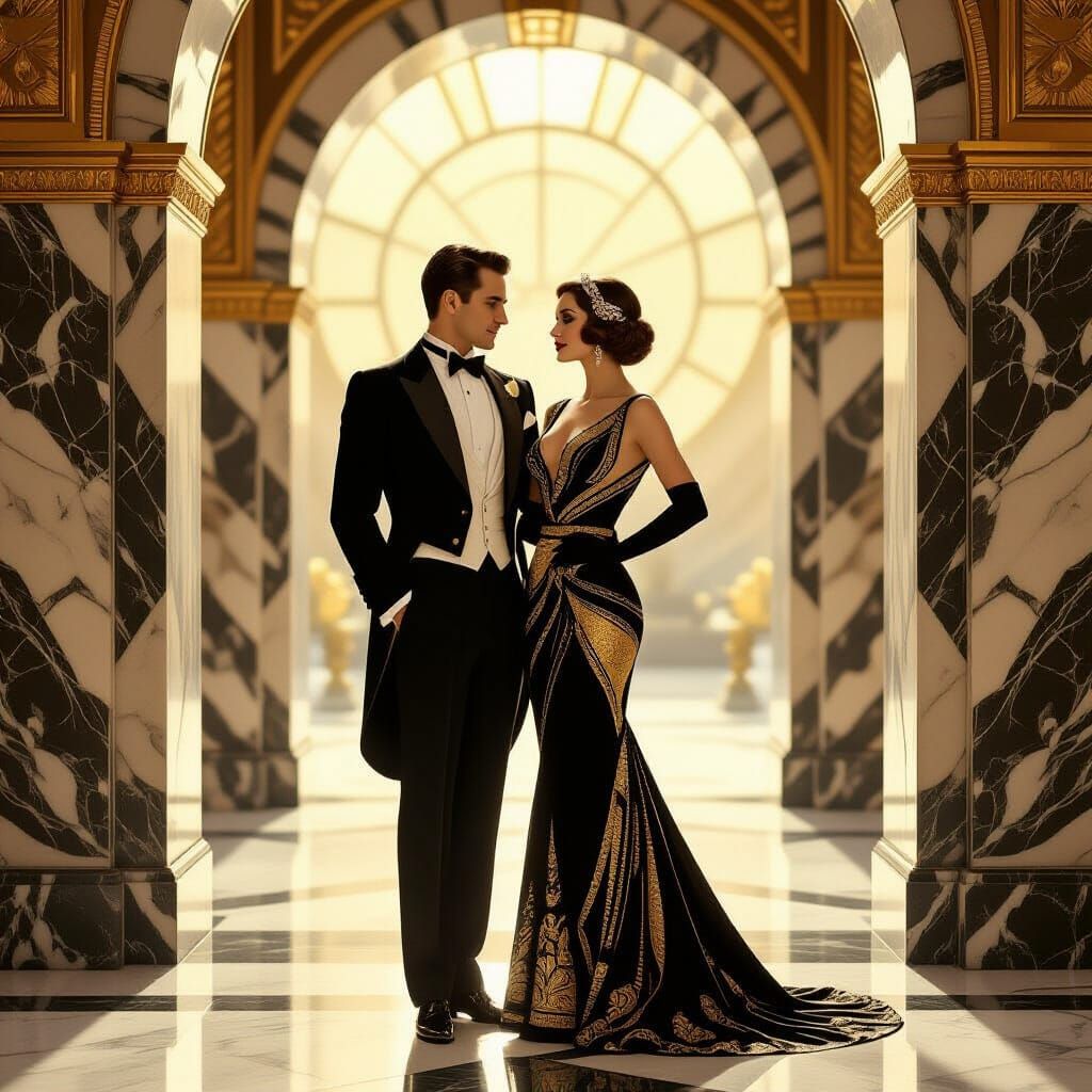 Art Deco Couple in Golden Marble Architecture