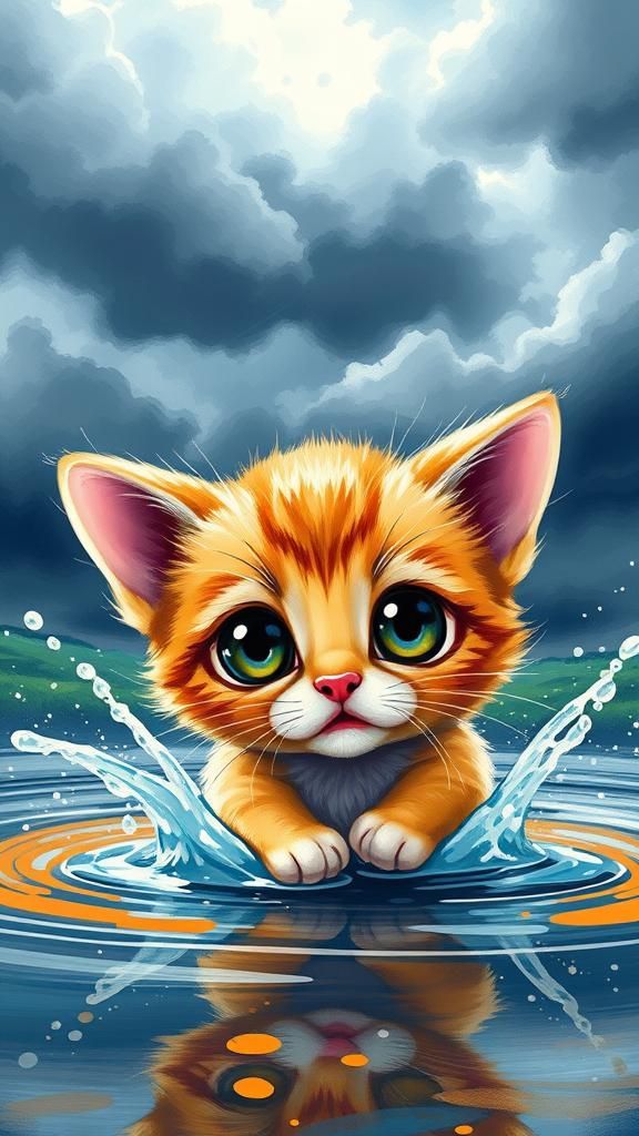 Kitten Splashing: Fauvist-Inspired Digital Illustration